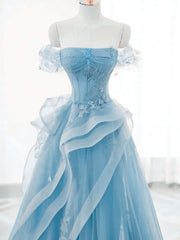 A-line Light Blue Tulle with Lace Floor Length Formal Dress, Light Blue Off Shoulder Prom Dress