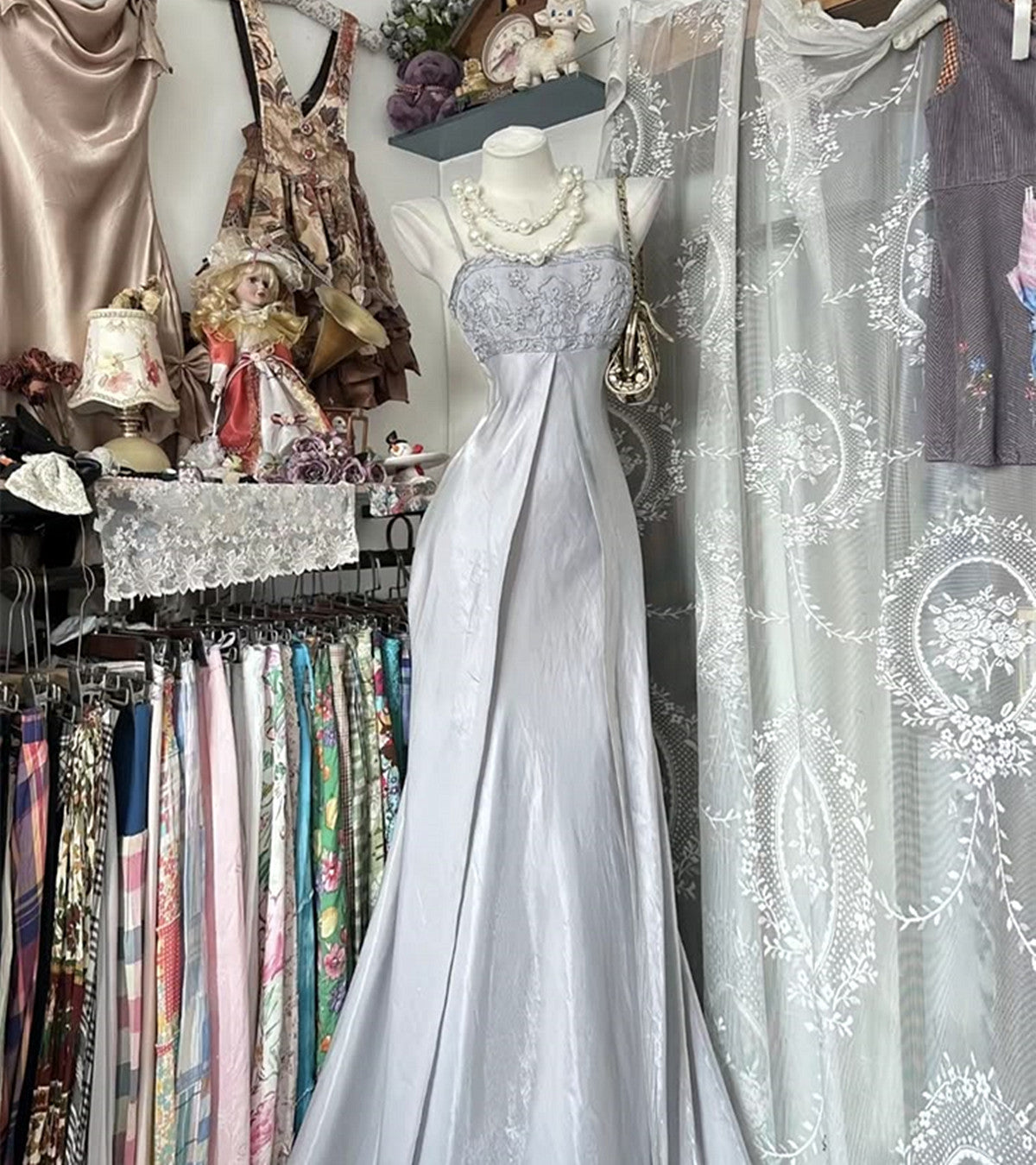 A-line Sliver Straps Long Party Dress with Lace Applique, Charming Satin Evening Dress