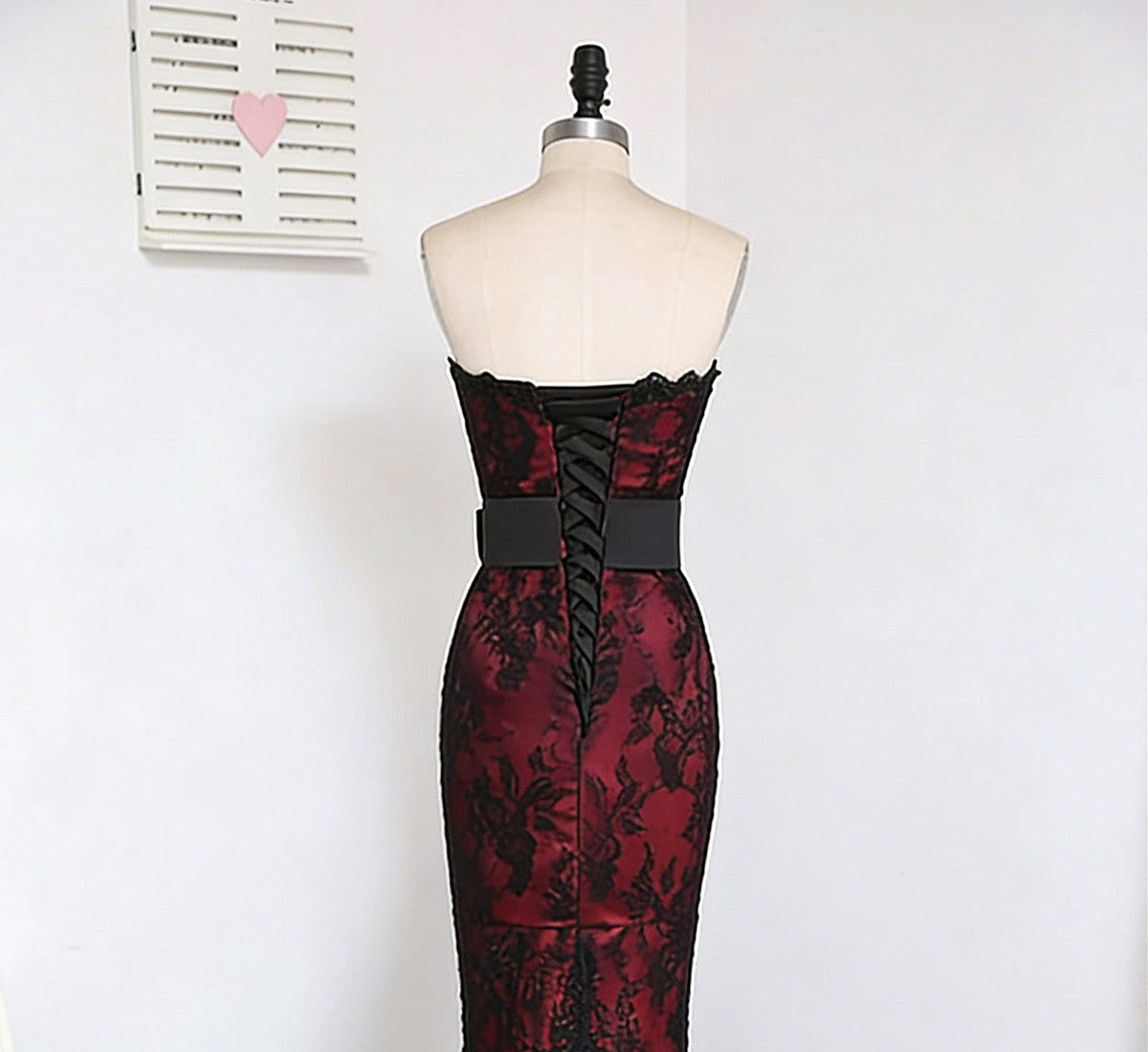 Black And Red Satin With Lace Mermaid Prom Dress, Gothic Long Party Dress