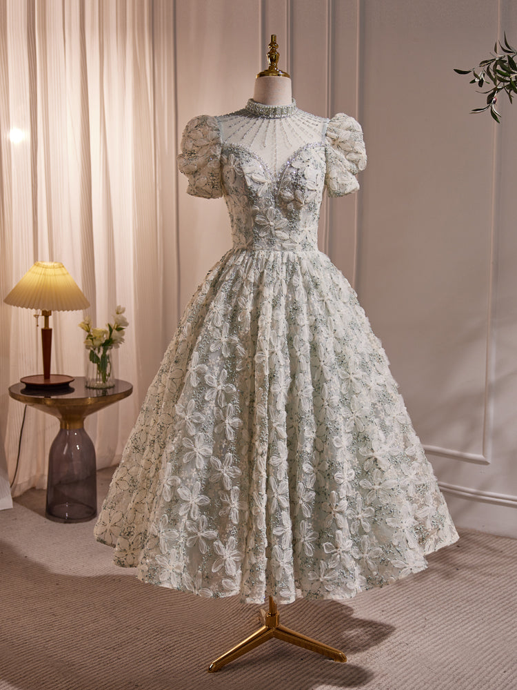 A-line Lace Short Sleeves Beaded Tea Length Party Dress, High Neckline Lace Prom Dress