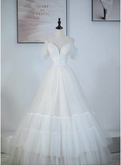 A-line Ivory Tulle V-neckline Straps Off Shoulder Party Dress, A-line Tulle Eveing Dress