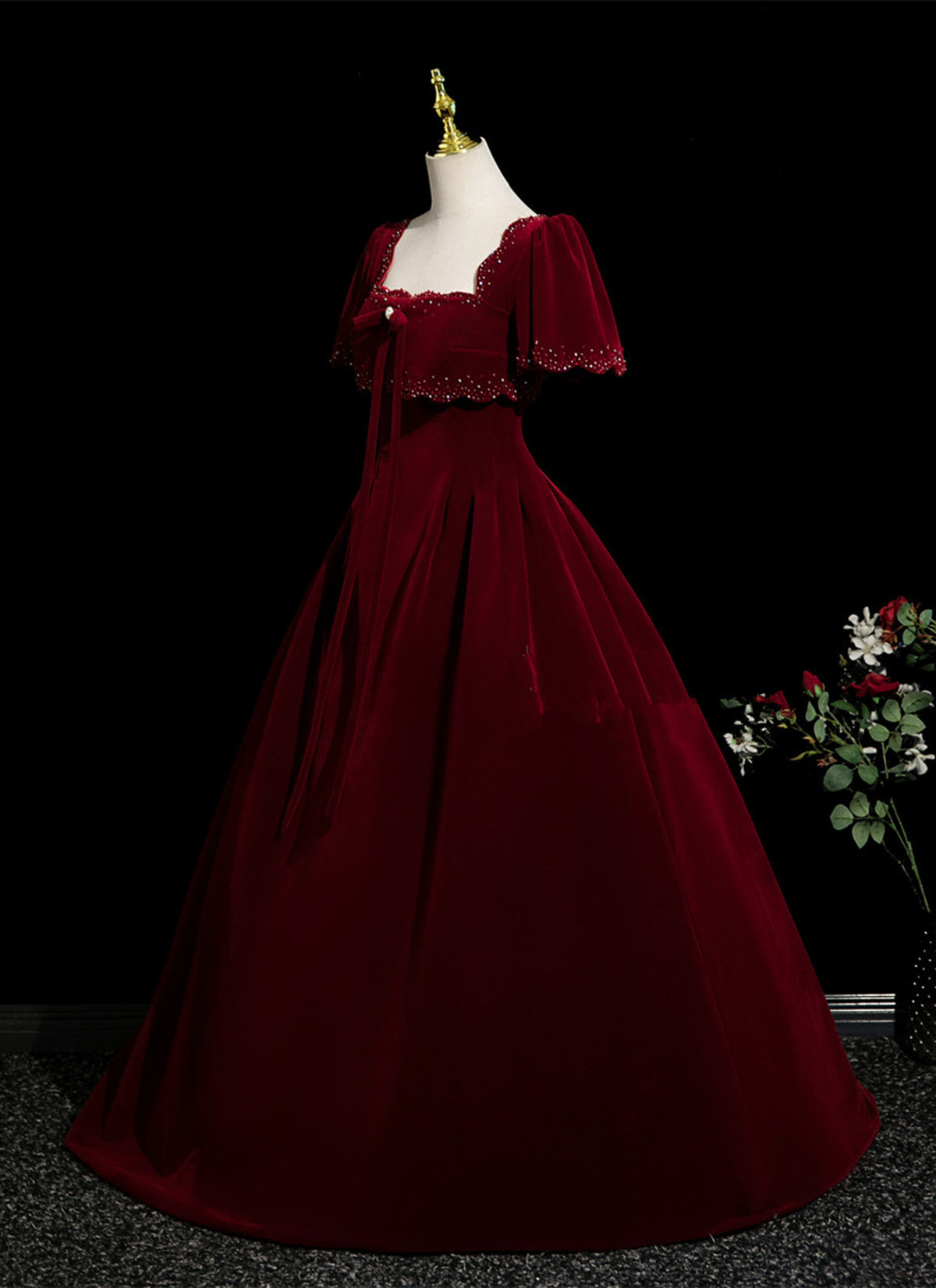 A-line Wine Red Velvet Short Sleeves Floor Length Party Dress, Wine Red Velvet Prom Dress