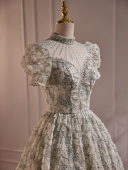 A-line Lace Short Sleeves Beaded Tea Length Party Dress, High Neckline Lace Prom Dress