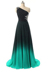 Beautiful Green and Black Gradient One Shoulder Prom Dress, Long Chiffon Party Dress