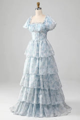 A-line Floral Layers Long Party Dress Prom Dress, Puffy Sleeves Evening Dress