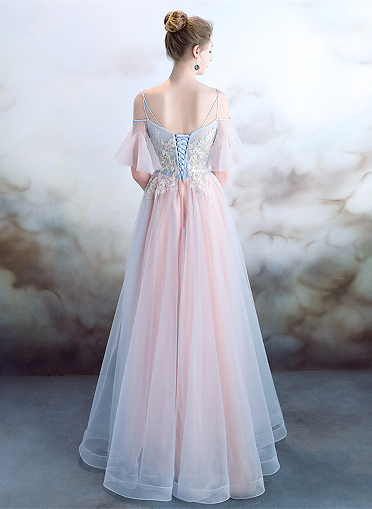 A-line Off Shoulder Tulle Pink with Lace Applique Party Dress, Pink Tulle Formal Dress