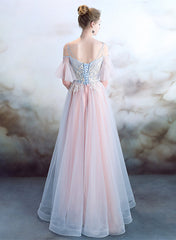 A-line Off Shoulder Tulle Pink with Lace Applique Party Dress, Pink Tulle Formal Dress