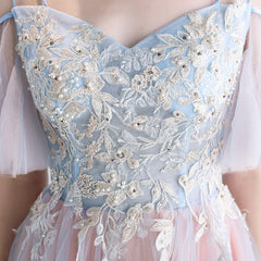 A-line Off Shoulder Tulle Pink with Lace Applique Party Dress, Pink Tulle Formal Dress