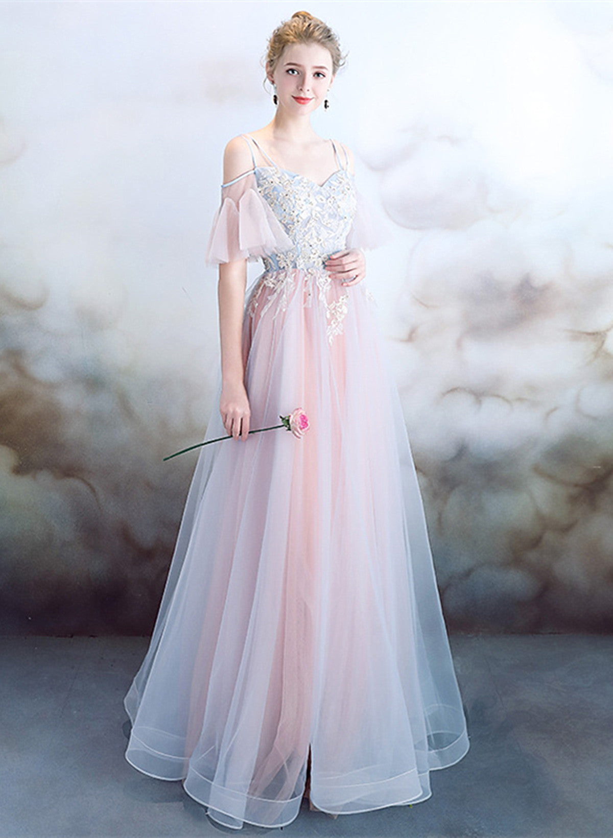 A-line Off Shoulder Tulle Pink with Lace Applique Party Dress, Pink Tulle Formal Dress