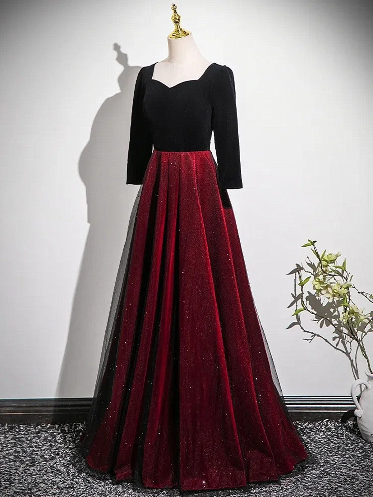 A-line Black and Red Velvet Long Party Dress, Long Sleeves Gothic Prom Dress