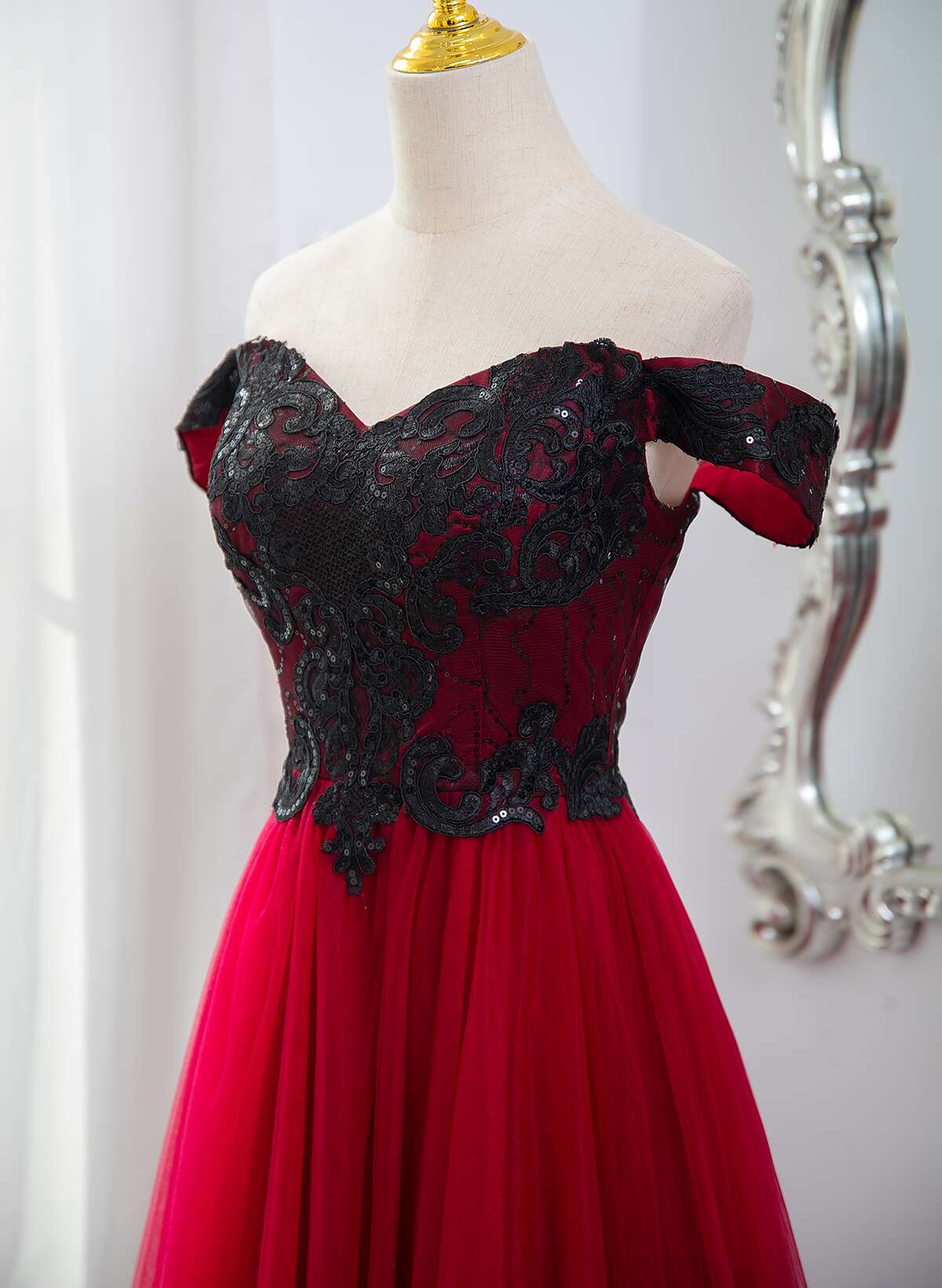 A-line Tulle Red and Black Lace Formal Dress, A-line Prom Dress