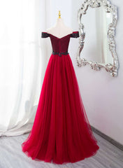 A-line Tulle Red and Black Lace Formal Dress, A-line Prom Dress