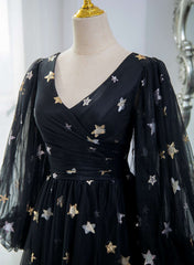 Black A-line Tulle Evening Dress Party Dress, Black Long Sleeves Prom Dress