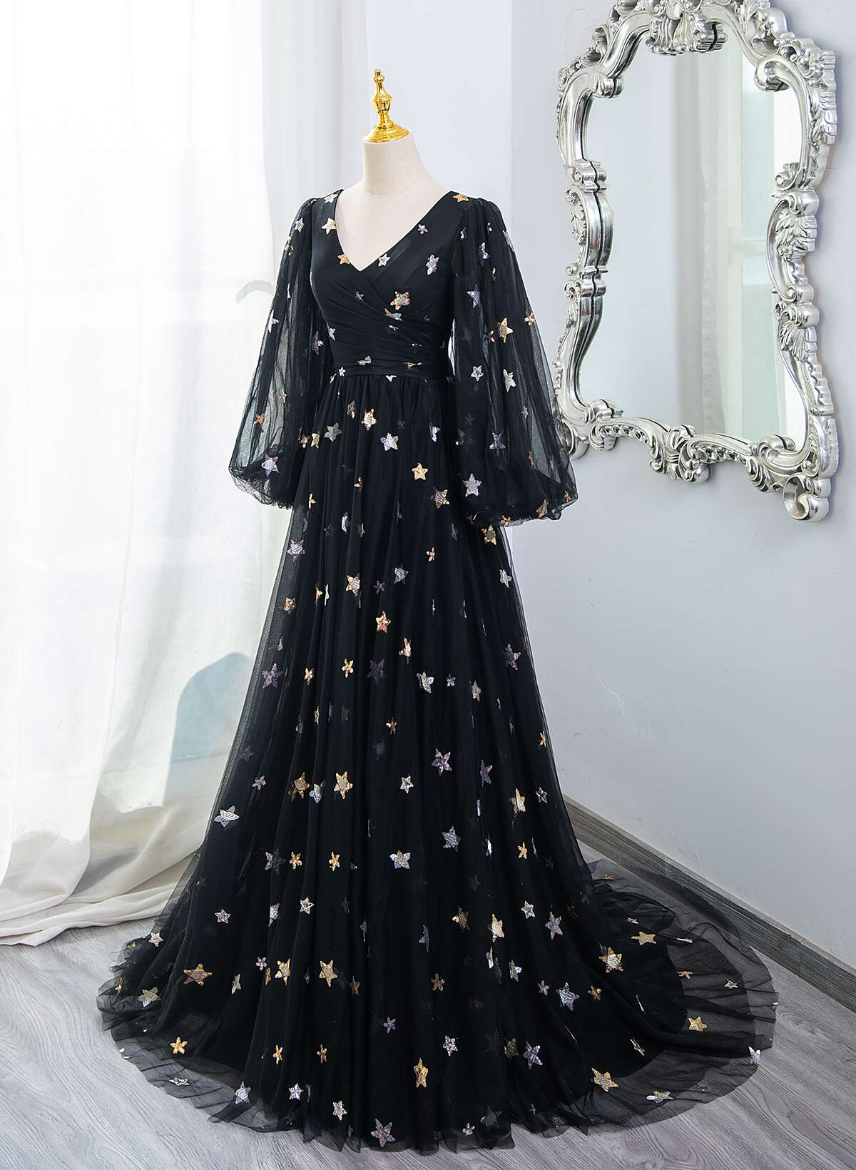Black A-line Tulle Evening Dress Party Dress, Black Long Sleeves Prom Dress