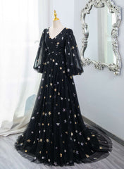 Black A-line Tulle Evening Dress Party Dress, Black Long Sleeves Prom Dress