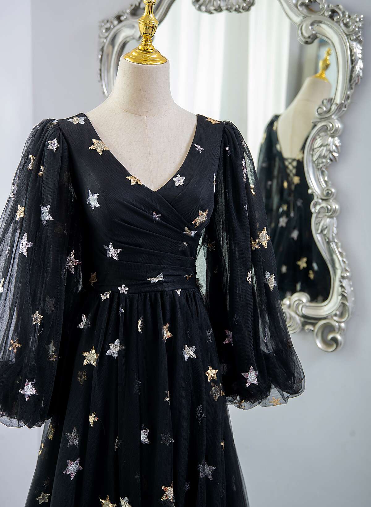 Black A-line Tulle Evening Dress Party Dress, Black Long Sleeves Prom Dress