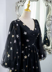 Black A-line Tulle Evening Dress Party Dress, Black Long Sleeves Prom Dress
