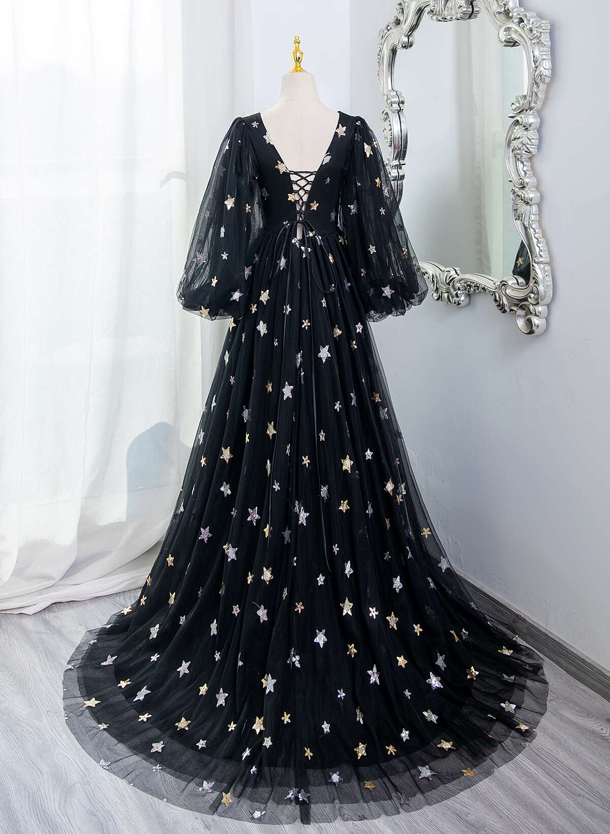 Black A-line Tulle Evening Dress Party Dress, Black Long Sleeves Prom Dress
