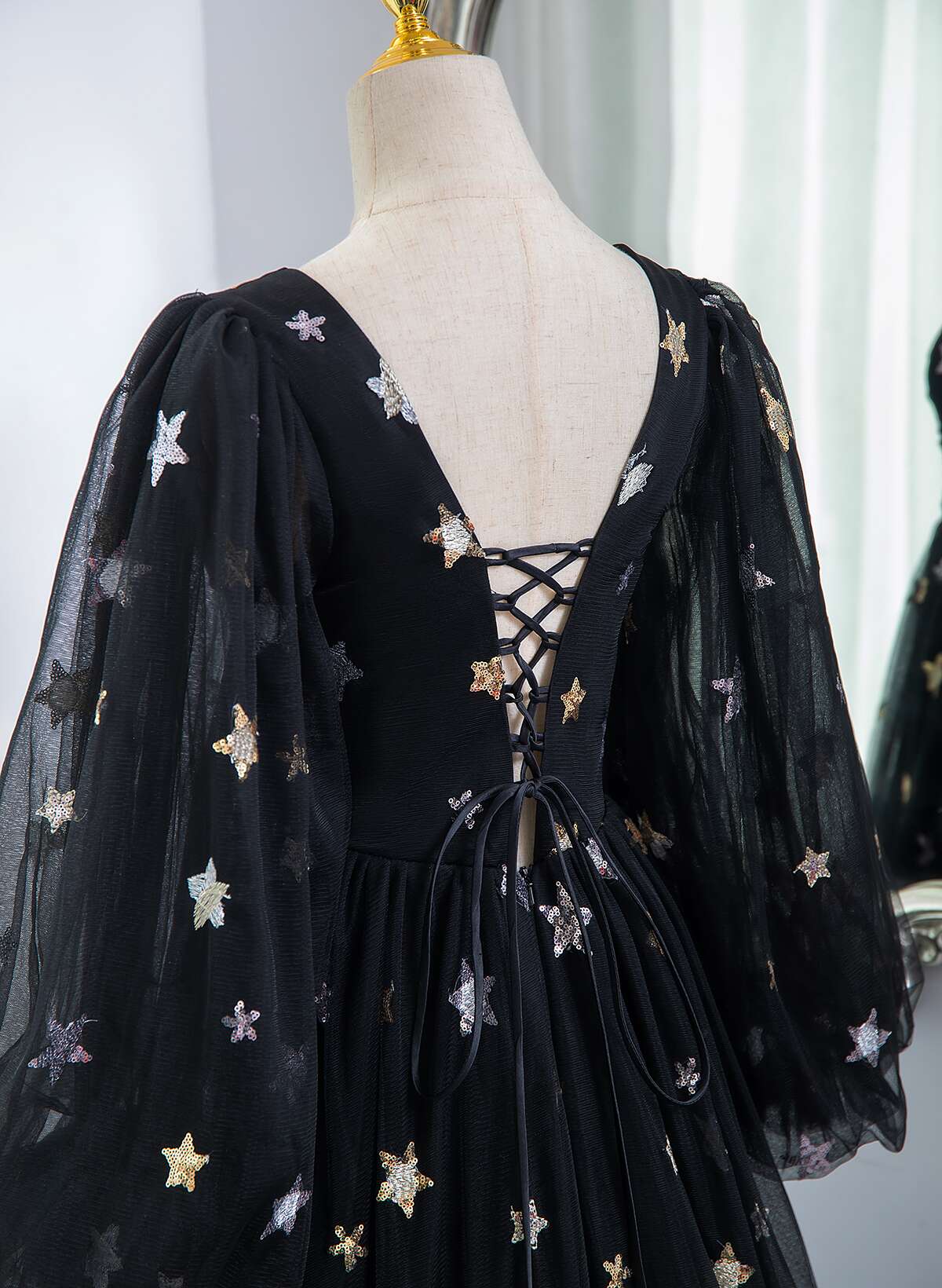 Black A-line Tulle Evening Dress Party Dress, Black Long Sleeves Prom Dress