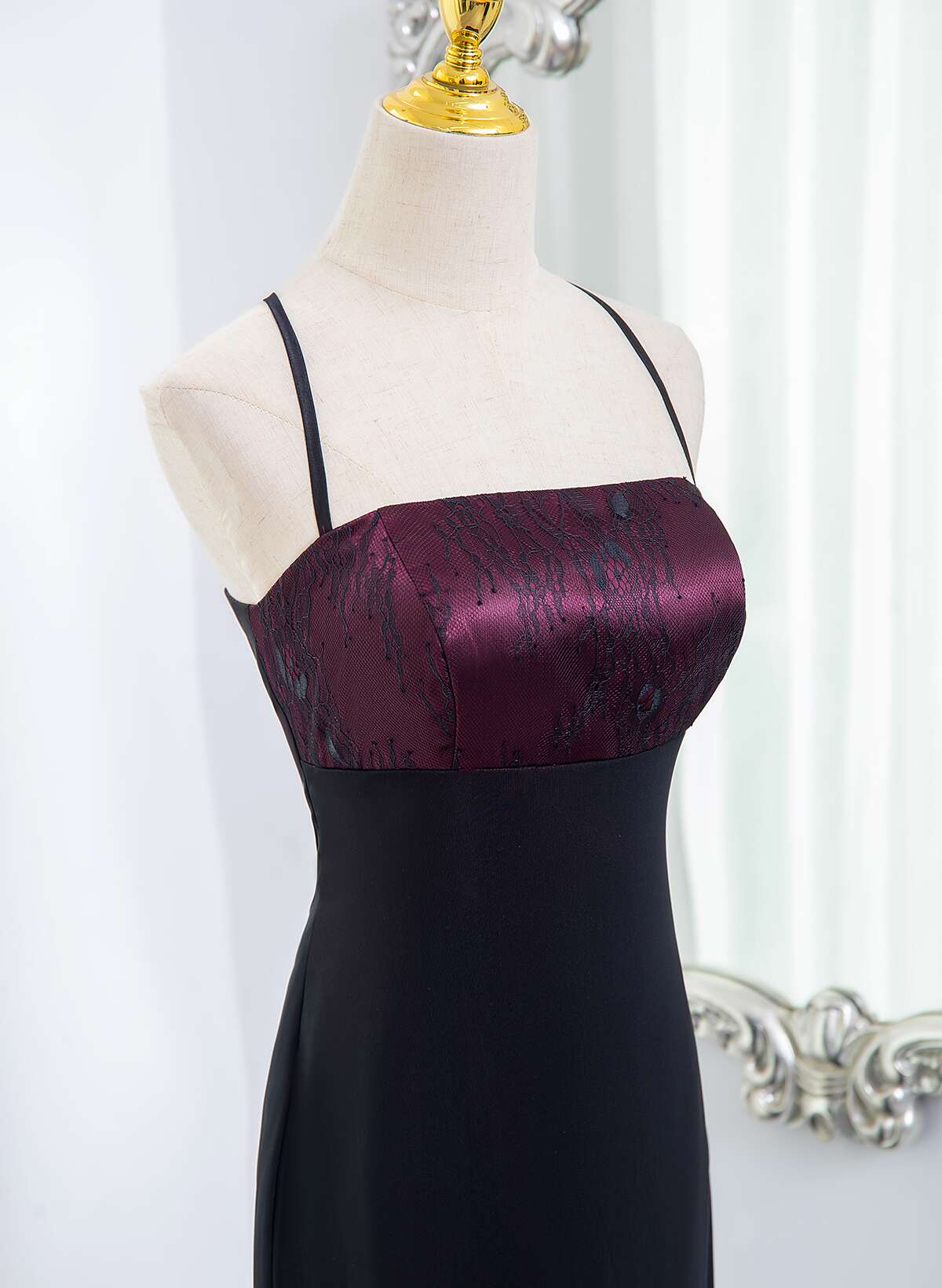 Beautiful Straps Spandex and Lace Evening Dress, Black and Burgundy Prom Dress
