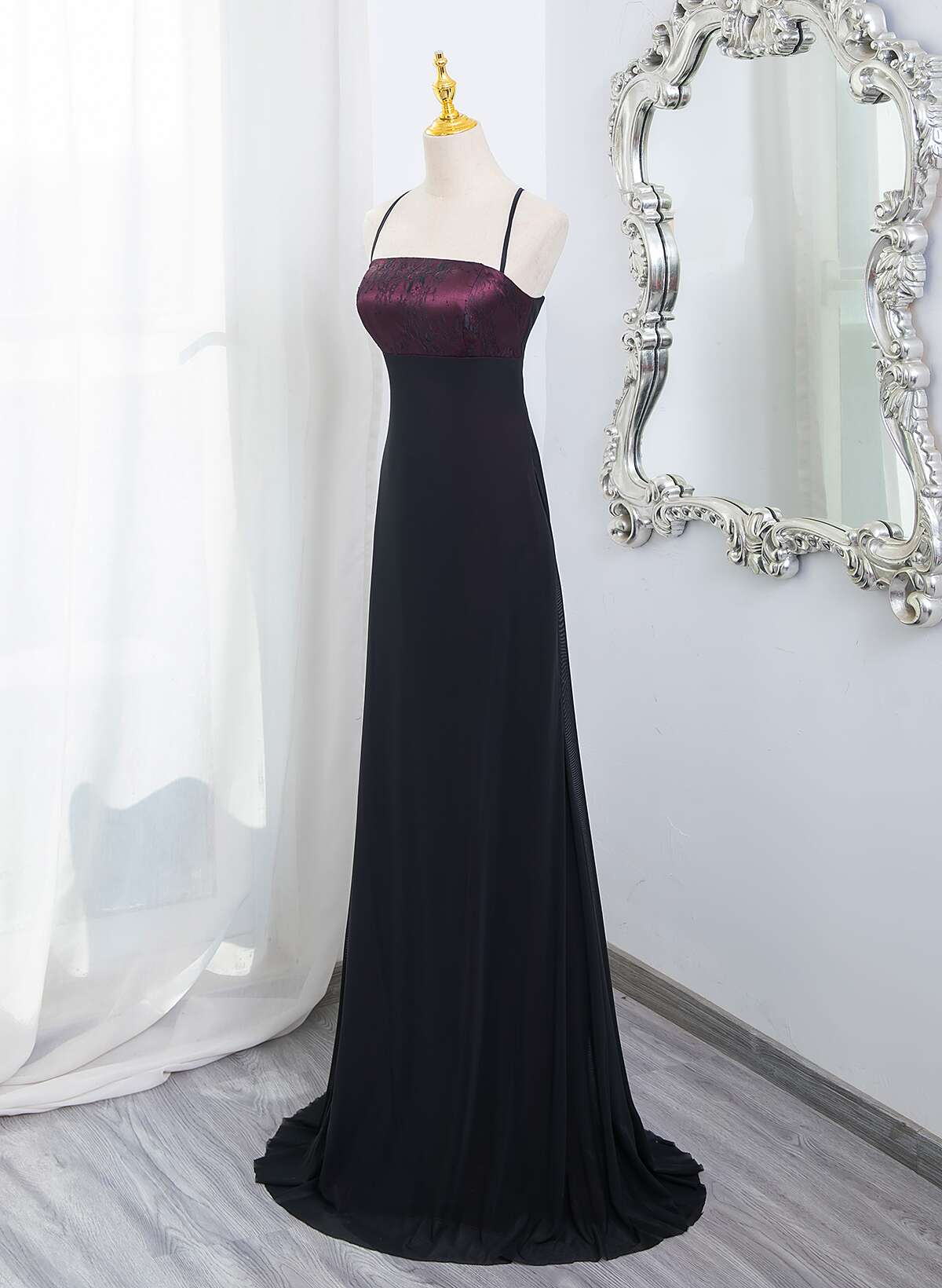 Beautiful Straps Spandex and Lace Evening Dress, Black and Burgundy Prom Dress