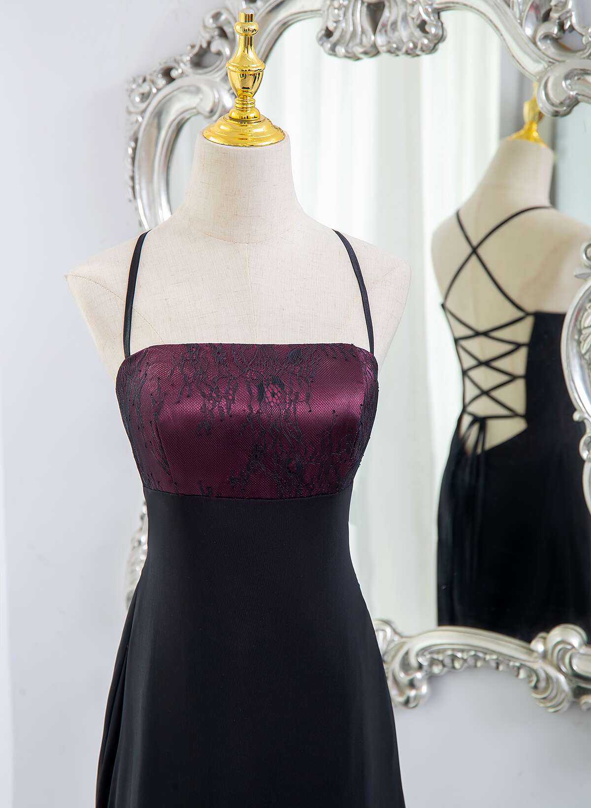 Beautiful Straps Spandex and Lace Evening Dress, Black and Burgundy Prom Dress