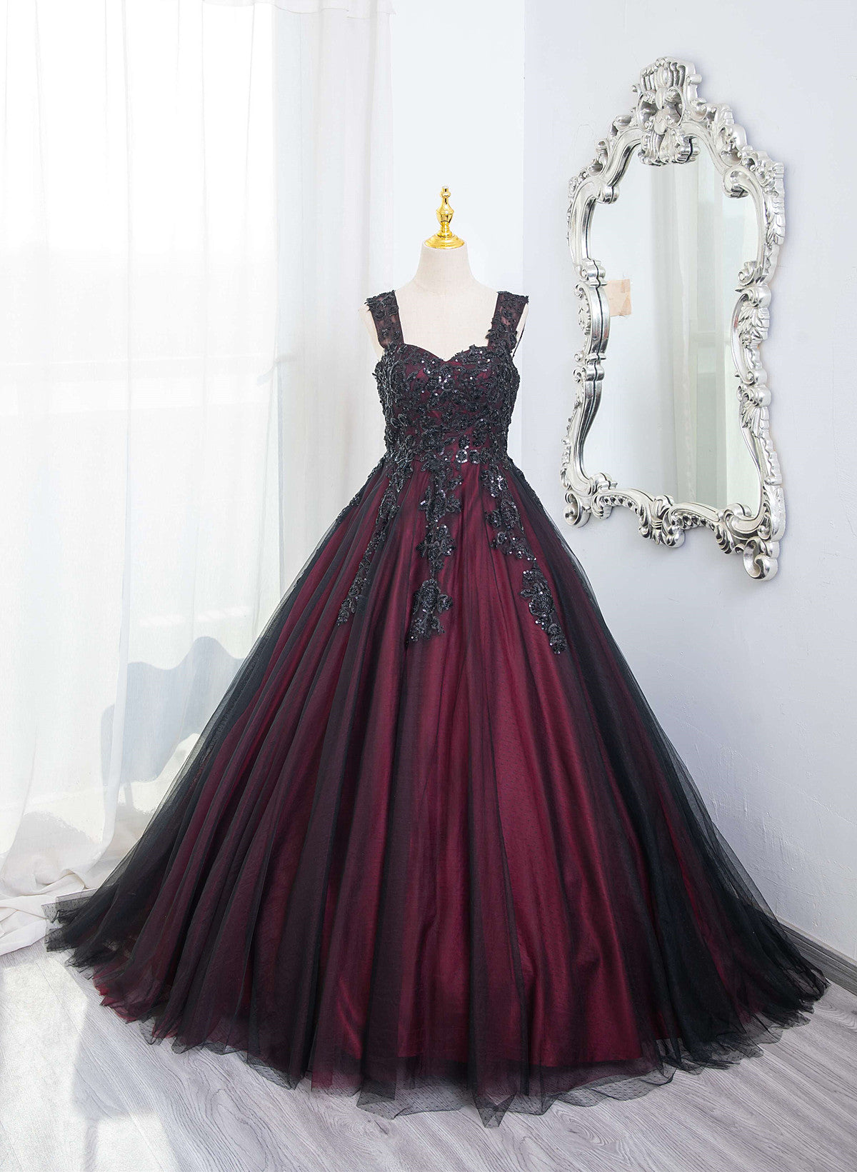 Beautiful Tulle Black and Red Straps Sweet 16 Dress, Lace Formal Dress Prom Dress