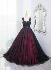 Beautiful Tulle Black and Red Straps Sweet 16 Dress, Lace Formal Dress Prom Dress