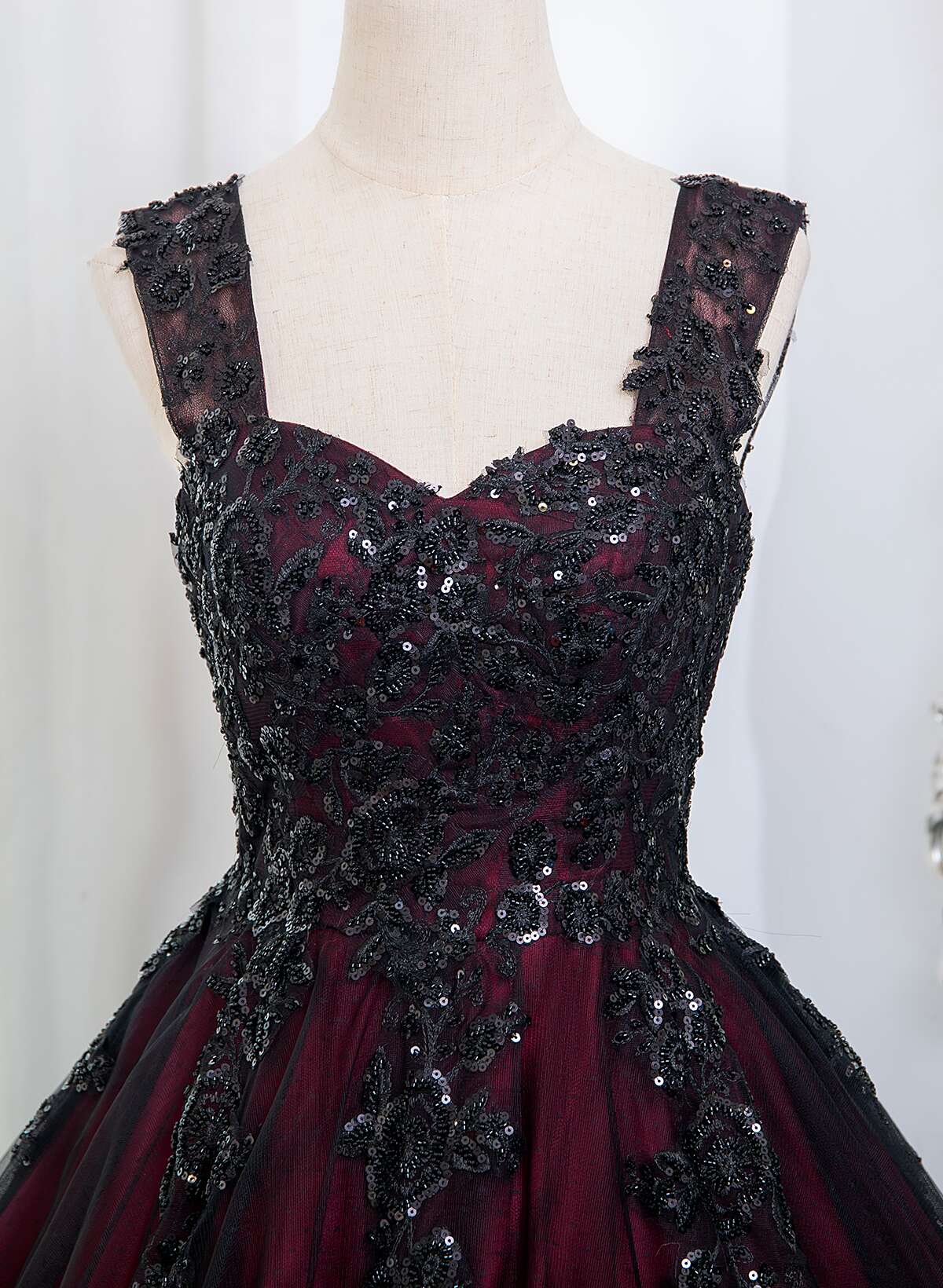 Beautiful Tulle Black and Red Straps Sweet 16 Dress, Lace Formal Dress Prom Dress