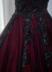 Beautiful Tulle Black and Red Straps Sweet 16 Dress, Lace Formal Dress Prom Dress