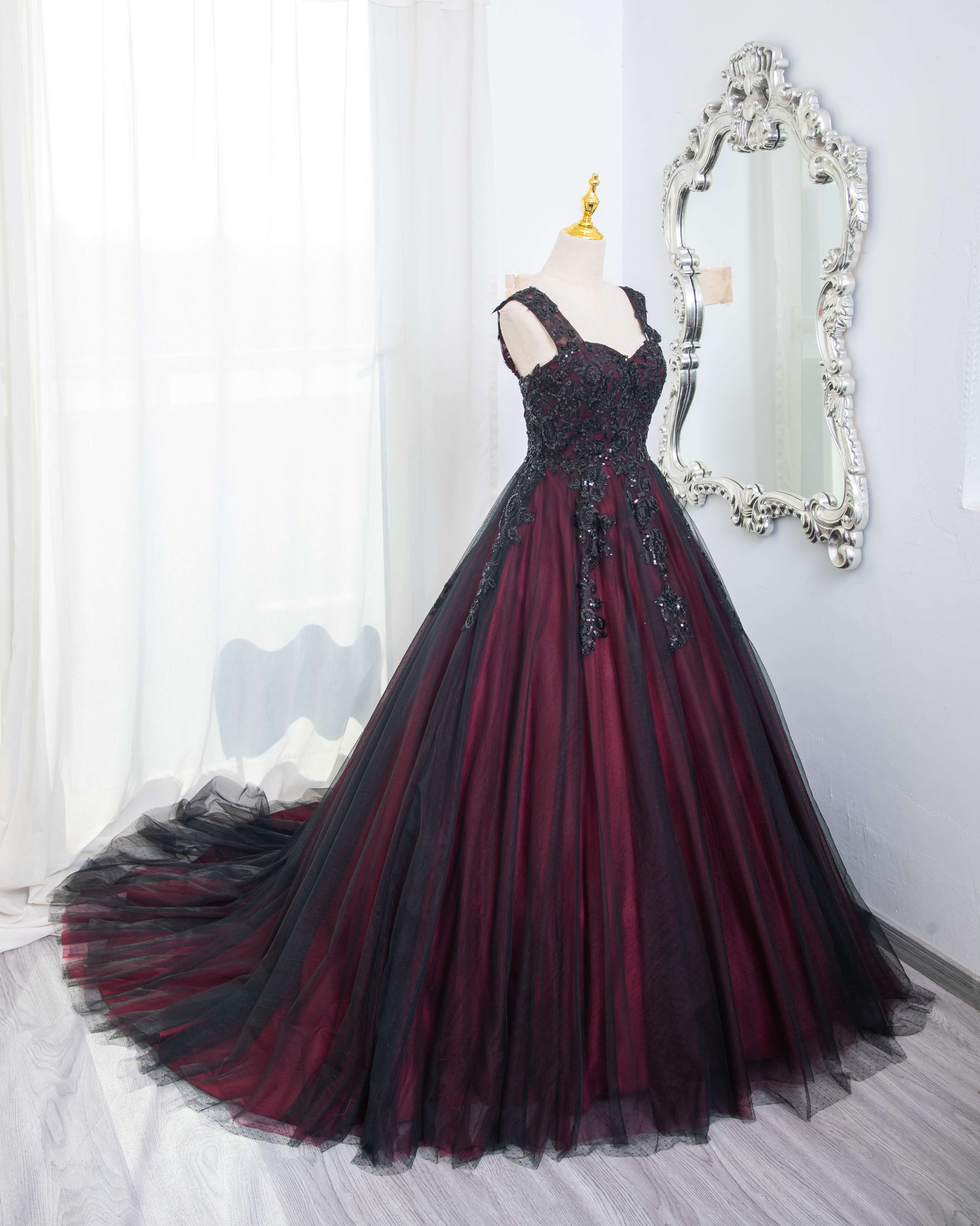 Beautiful Tulle Black and Red Straps Sweet 16 Dress, Lace Formal Dress Prom Dress