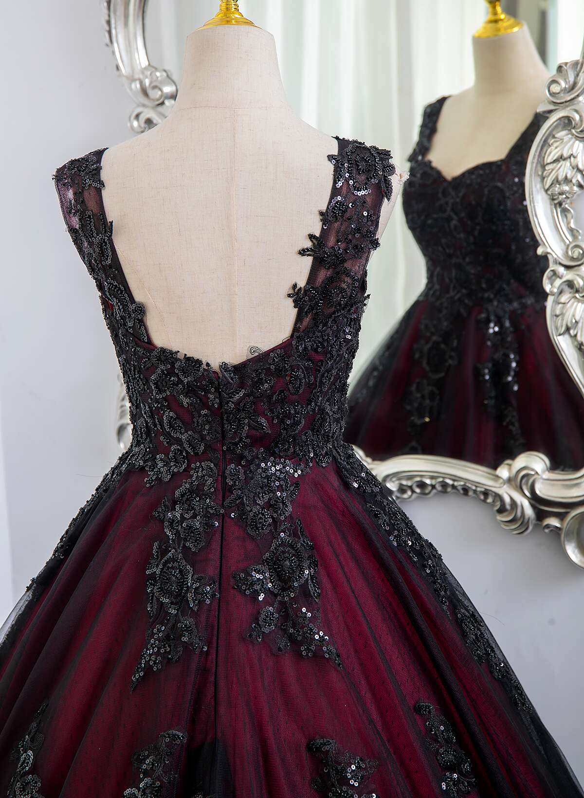 Beautiful Tulle Black and Red Straps Sweet 16 Dress, Lace Formal Dress Prom Dress