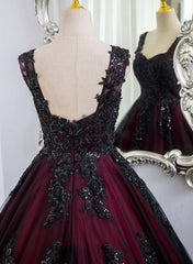 Beautiful Tulle Black and Red Straps Sweet 16 Dress, Lace Formal Dress Prom Dress