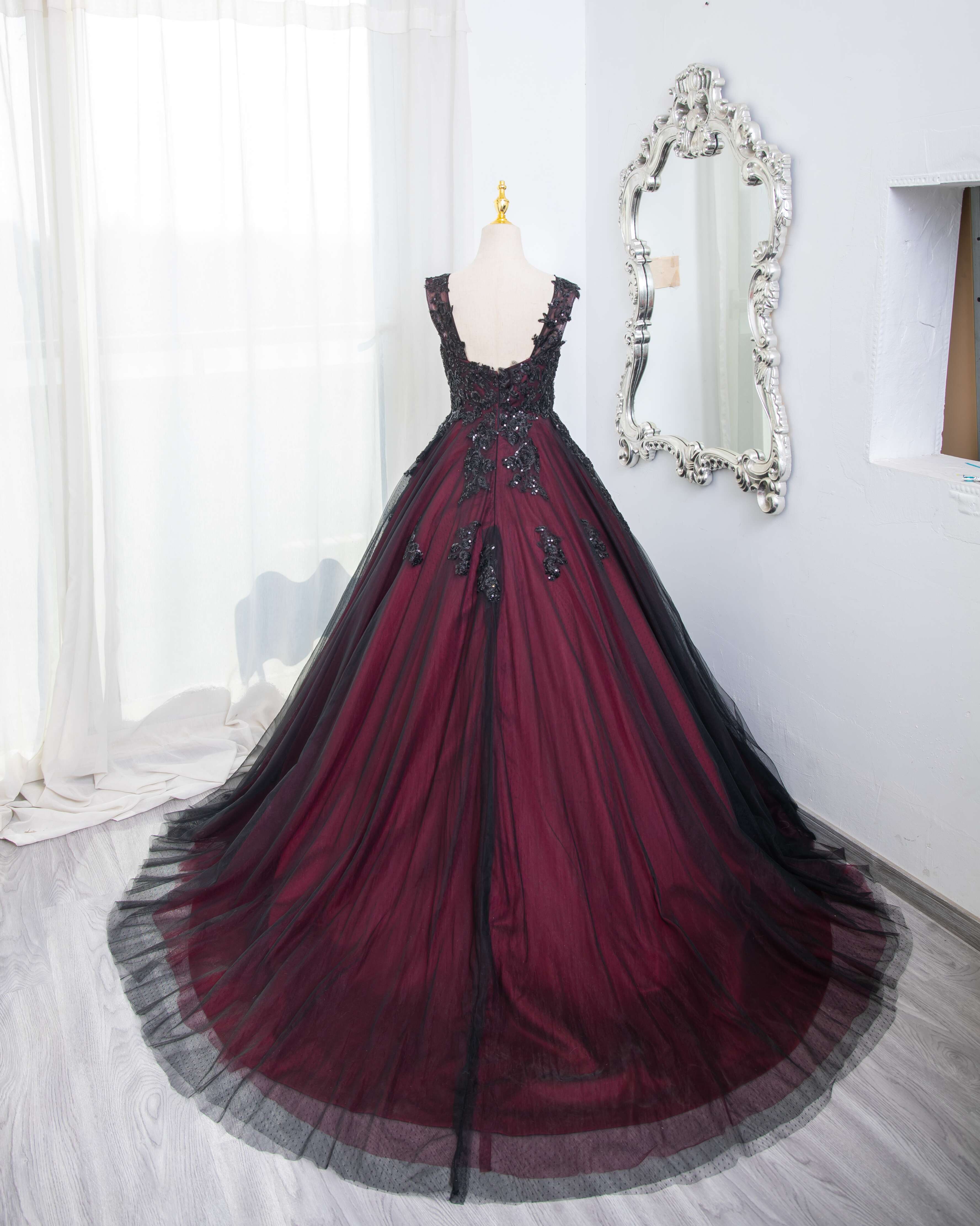 Beautiful Tulle Black and Red Straps Sweet 16 Dress, Lace Formal Dress Prom Dress