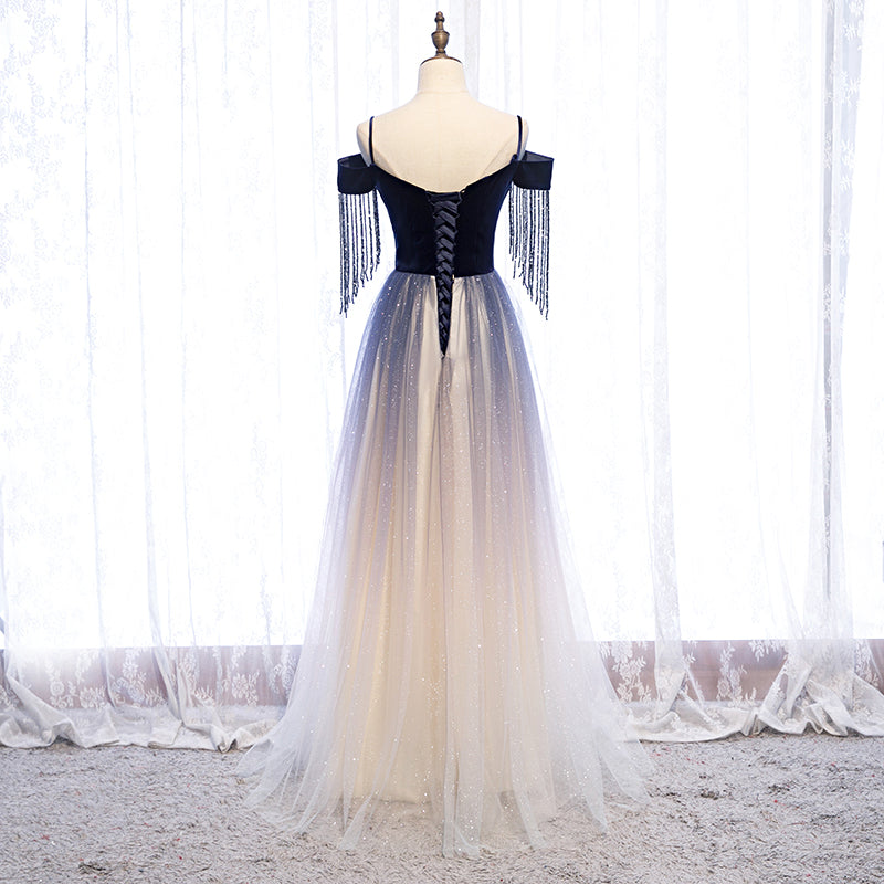 Beautiful Blue Gradient Tulle Long Party Dresses,A-line Off Shoulder Formal Dresses