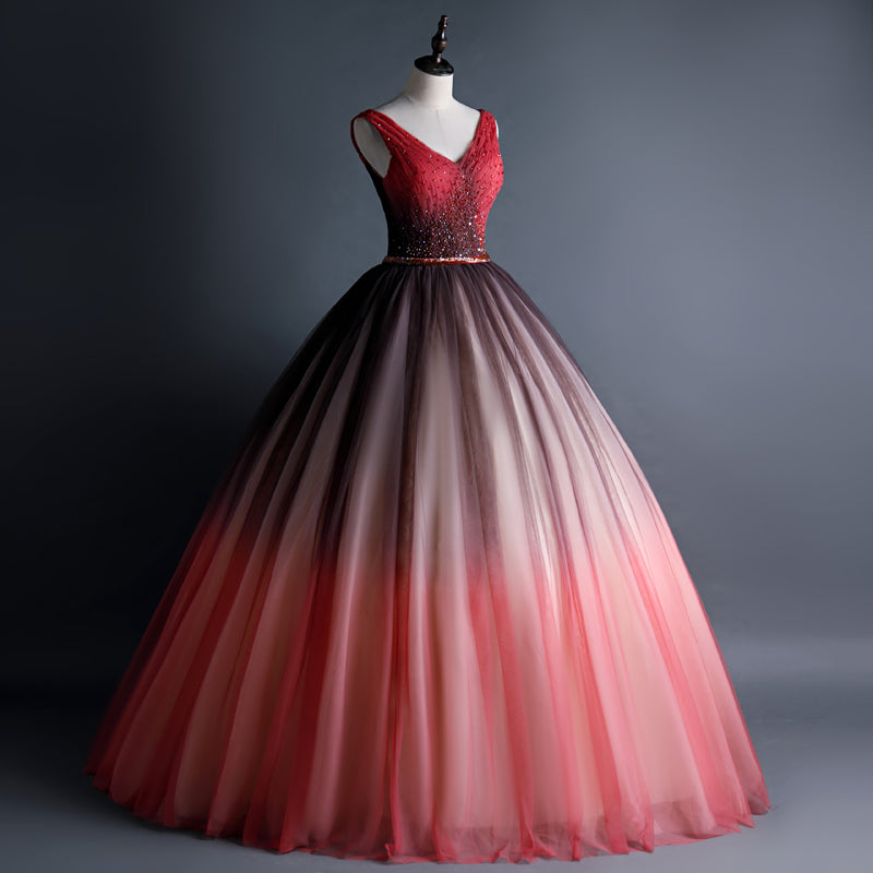 Beautiful Red Gradient Tulle Beaded V-neckline Sweet 16 Gown, Gradient Long Prom Dress