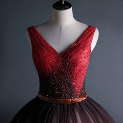 Beautiful Red Gradient Tulle Beaded V-neckline Sweet 16 Gown, Gradient Long Prom Dress