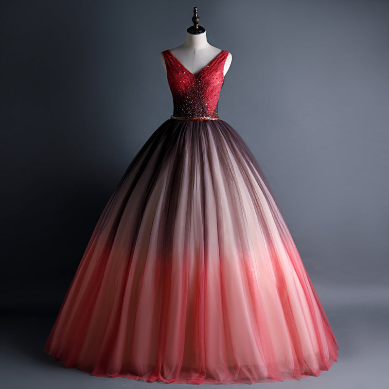 Beautiful Red Gradient Tulle Beaded V-neckline Sweet 16 Gown, Gradient Long Prom Dress