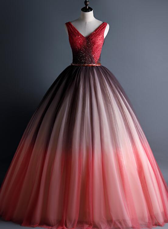 Beautiful Red Gradient Tulle Beaded V-neckline Sweet 16 Gown, Gradient Long Prom Dress