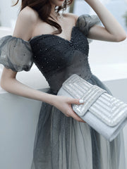 Black Gradient Sweetheart Beaded Off Shoulder Prom Dresses, A-line Tulle Evening Dress Party Dresses