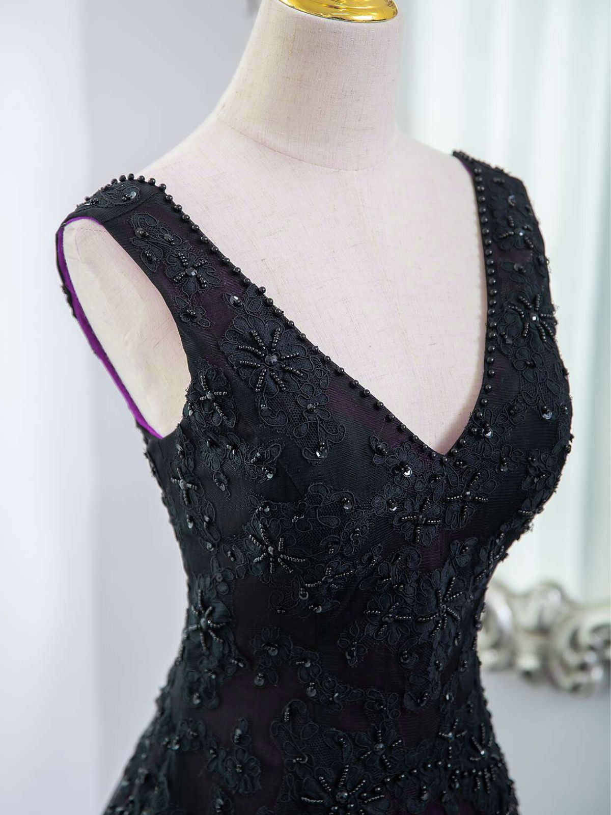 Black and Purple A-line Lace-up Tulle with Lace Prom Dress, V-neckline Tulle Party Dress