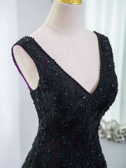 Black and Purple A-line Lace-up Tulle with Lace Prom Dress, V-neckline Tulle Party Dress