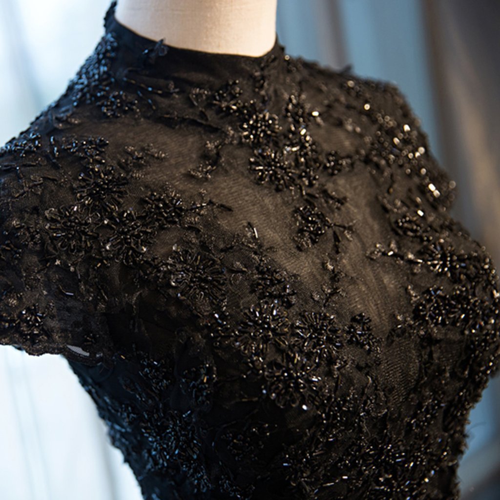 Beautiful Black Cap Sleeves Long Tulle Party Dress, Black Prom Dress