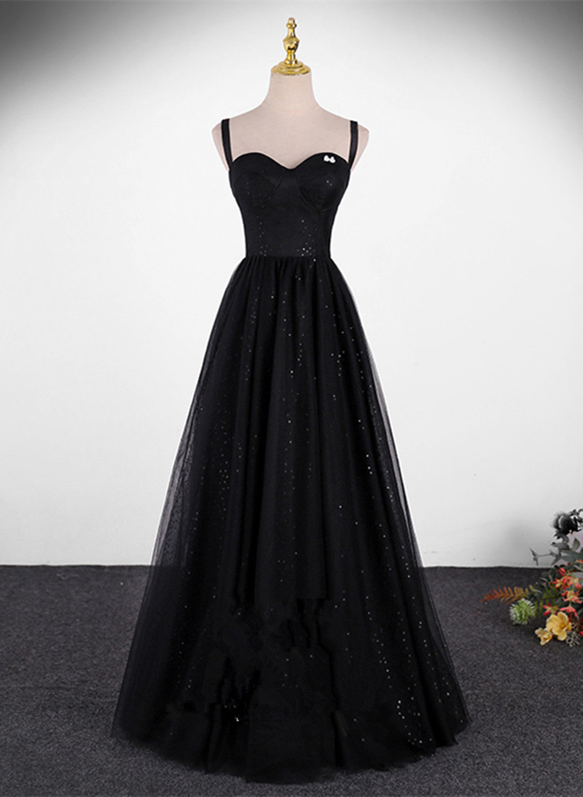 Black A-line Tulle Straps Simple Long Prom Dress, Black Evening Dress Party Dress