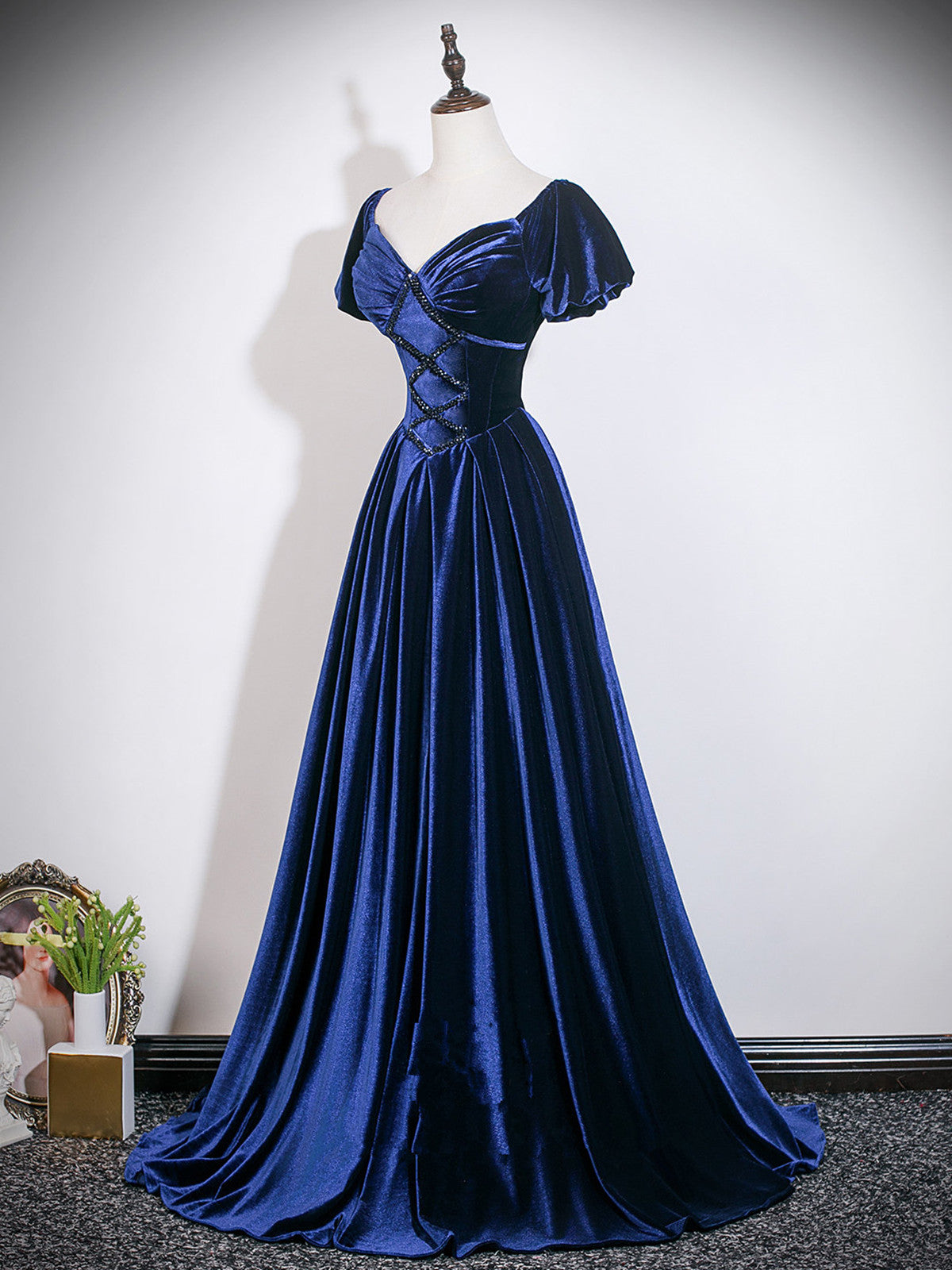 A-line Navy Blue Velvet Evening Gown, Elegant Puff Sleeve A-Line Prom Dress with Beaded Bodice