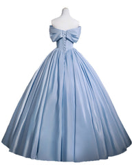 A-line Light Blue Satin Off Shoulder Prom Dress, Light Blue Sweetheart Formal Gowns