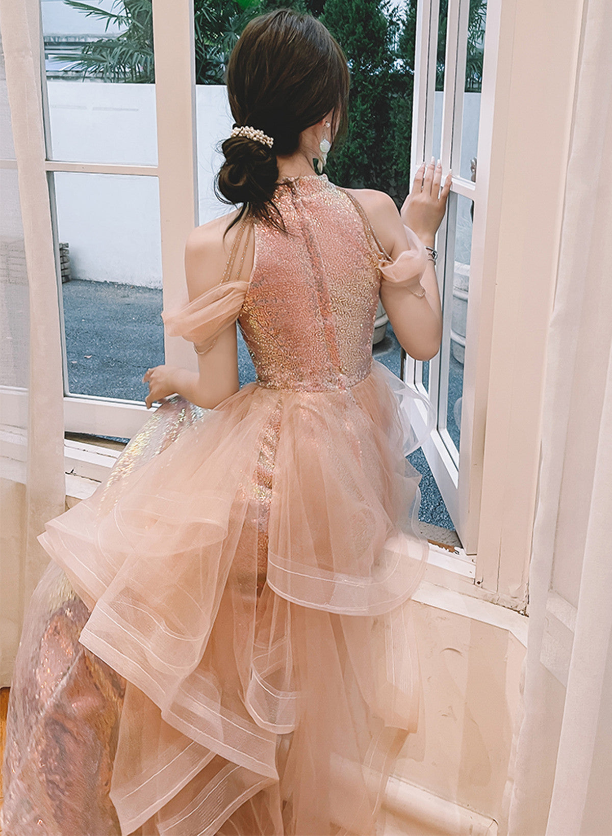 A-line Sequins and Tulle Pink Long Evening Dress, Pink Tulle Prom Dress