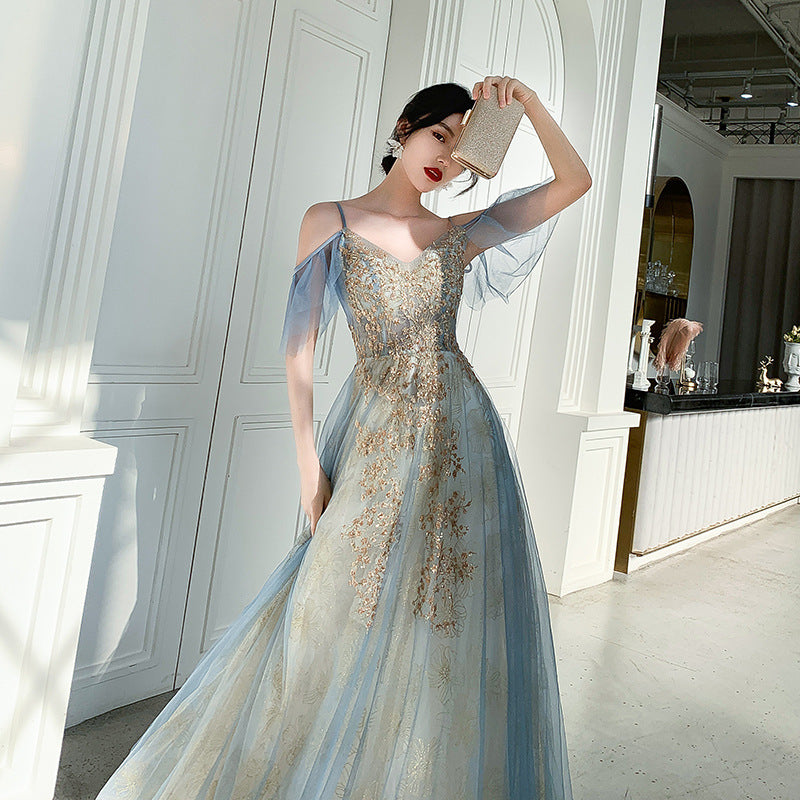 Beautiful Light Blue V-neckline Long Lace Applique Formal Dress, Blue Evening Gown
