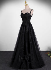 Black A-line Tulle Straps Simple Long Prom Dress, Black Evening Dress Party Dress