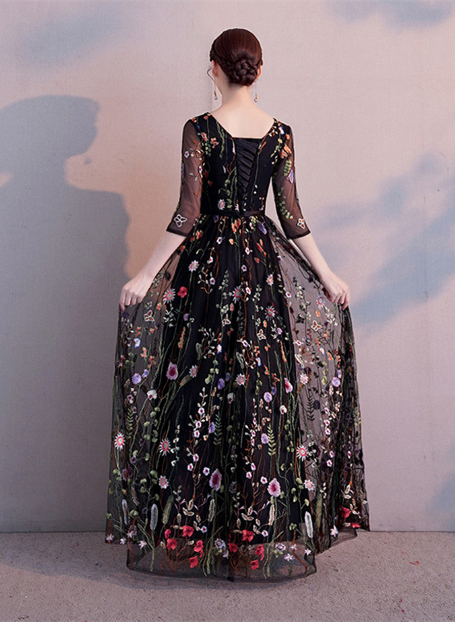 Black A-line Floral Tulle Prom Dress Party Dress, Black Evening Formal Dress